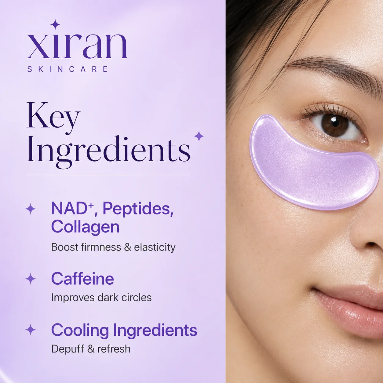 Gros plan sur le visage d'une femme avec un cache-œil violet sous un œil, accompagné d'un texte mettant en avant des ingrédients de soins de la peau comme le NAD+, les peptides, le collagène, la caféine et les agents rafraîchissants.